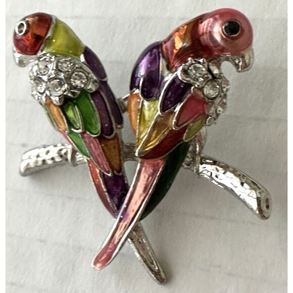 Vintage Enamel and Rhinestone Parrots on Branch Brooch Pin 1.5 x 1.5" Tropical - Picture 3 of 6